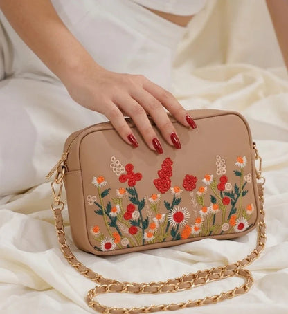 Floral Embroidered Chain Shoulder Bag for Women